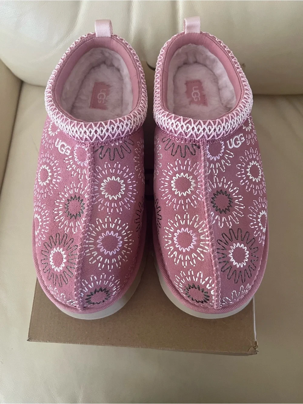 UGG Pink Patterned Fur-Lined Mule Slippers